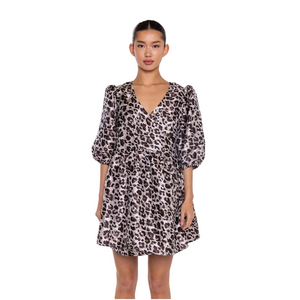 Glamorous Mocha Leopard wrap mini dress Puff Sleeve size 6 GUC…